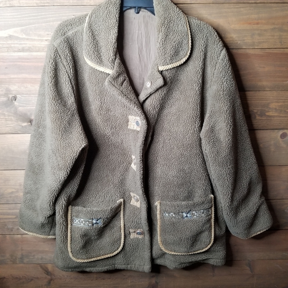 Vtg 80s Haband Sherpa Silk Lined Overcoat Khaki Sz Lg-XL Driving Coat Grannycore